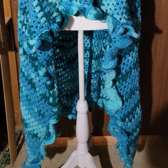 Hand Crocheted Blue Shawl Wrap - Picture 3 of 14